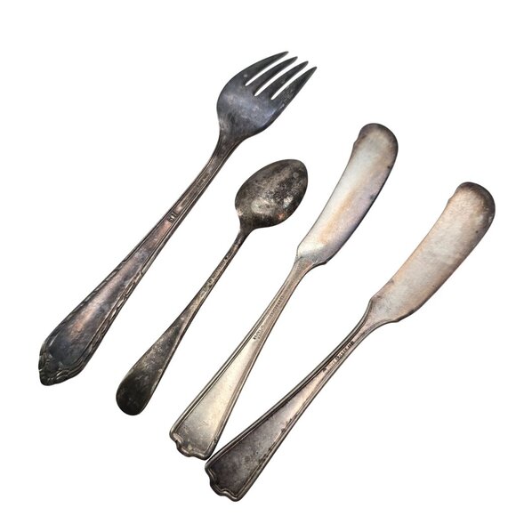 Antique Silver Plated Flatware Set Fork Spoon Butter Knives Elegant JJ3781 - Picture 9 of 14